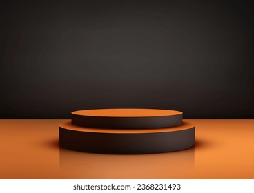 Showcase your products in style with this 3D realistic black and orange podium product display mockup on black wall background. Perfect for Halloween-themed products. Vector illustration