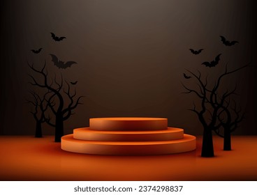 Mit dieser 3D-Optik-Orange-Podium-Produktpräsentation präsentieren Sie Ihre Produkte stilvoll mit schwarzem Totenbaum und Fledermäusen. Ideal für Halloween-Produkte. Vektorgrafik