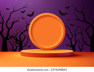 Showcase your products in style with this 3D realistic orange podium product display mockup with circle backdrop, black dead tree and bats. Perfect for Halloween-themed products. Vector illustration