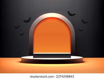 Muestra tus productos con estilo con esta pantalla de producto 3D realista de podio negro con fondo redondeado y murciélagos. Perfecto para los productos temáticos de Halloween. Ilustración del vector