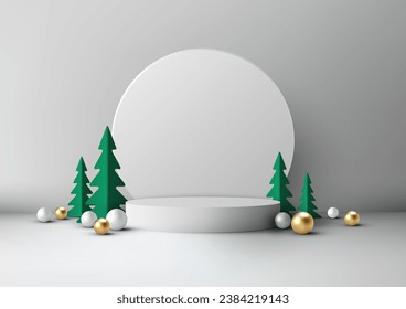 Muestra tus productos con estilo con esta blanca maqueta de podio navideño. Perfecto para campañas de marketing con temática navideña, lanzamientos de productos y más. Ilustración del vector