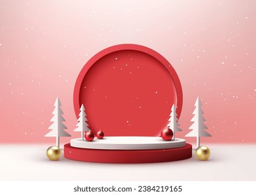Showcase your products in style with this white and red Christmas podium mockup. Perfect for Christmas themed marketing campaigns, product launches, and more. Vector illustration