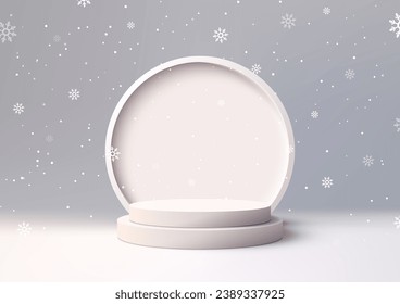 Showcase your products in style with this minimal Christmas product display stand mockup. Featuring a white podium with a snowy background. Vector illustration