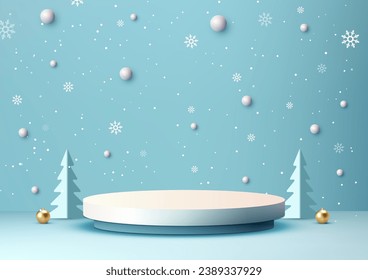 Showcase your products in style with this white and blue Christmas podium mockup. Perfect for Christmas themed marketing campaigns, product launches, and more. Vector illustration