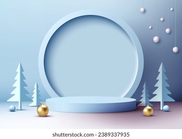 Showcase your products in style with this soft blue Christmas podium mockup. Perfect for Christmas themed marketing campaigns, product launches, and more. Vector illustration