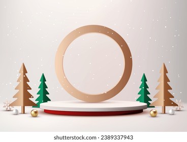 Showcase your products in style with this white and red Christmas podium mockup. Perfect for Christmas themed marketing campaigns, product launches, and more. Vector illustration