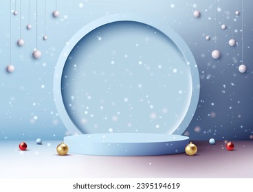 Showcase your products in style with this soft blue Christmas podium mockup. Perfect for Christmas themed marketing campaigns, product launches, and more. Vector illustration