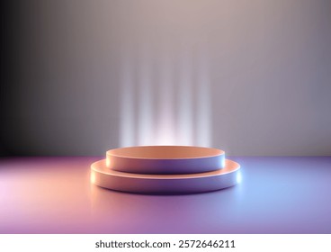 Showcase your products technology with a sleek 3D circular podium, glowing in soft spotlight against a gradient backdrop. Mockups, modern presentations, or stylish showrooms.