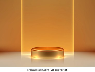 Mostre seus produtos com este elegante pódio 3D dourado em uma superfície branca. O fundo de neon laranja e iluminação quente criar um ambiente luxuoso para o varejo, marca