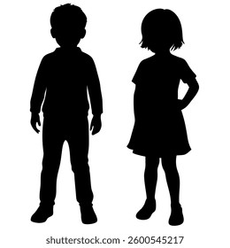 Showcased are black silhouettes of a young boy and girl standing against a clean, white background. The boy is positioned to the left, wearing casual clothing. 