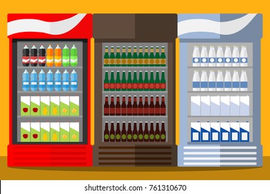 Showcase-refrigerator with drinks. Beer, carbonated water, juice, milk. Flat design, vector illustration, vector.