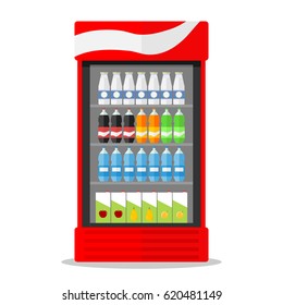 Showcase-refrigerator with milk and juices. Flat design, vector illustration, vector.