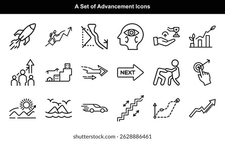 Showcases advancement icons in a clean line art style against a transparent backdrop, highlighting ideas of growth, success, and progress for any project.