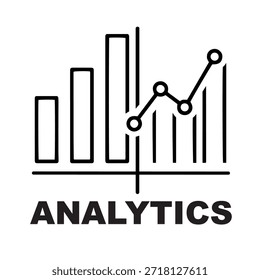 Es zeigt eine Kombination aus einem Balkendiagramm und einem Liniendiagramm, die Datenanalyse und statistische Trends darstellt. Das Design verwendet saubere, dunkelgraue Linien, wobei das Wort "ANALYTICS" direkt darunter in einer fetten, großgeschriebenen serifenlosen Schriftart geschrieben ist