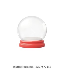 Showcases an empty 3d snow globe featuring a clear, round dome on top of a vibrant red base against a clean white backdrop.