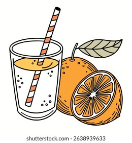 Showcases a glass filled with fresh orange juice featuring a striped straw. Next to it is an orange slice with an attached leaf, set against a bright backdrop.