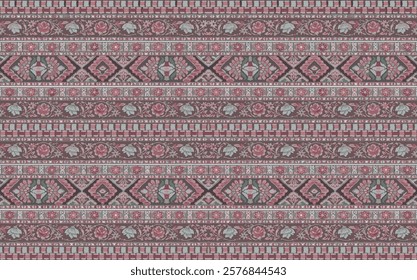 It showcases intricate motifs in shades of maroon and red, highlighting the aesthetic qualities of pattern and fashion design. This visual could serve as a stylish backdrop