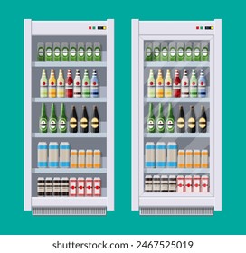 Showcases refrigerators for cooling drinks in bottles and cans. Different colored bottles and cans with juice soda and beer in fridges. Cooling machine for shop. Vector illustration in flat style