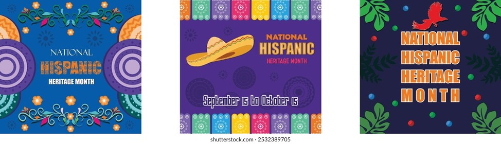 Showcases rich cultural traditions and Spanish event celebration. National hispanic heritage month. Greeting with national Hispanic heritage month text. Set flat vector modern illustration 