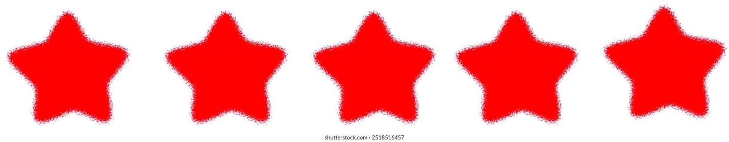 showcases a row of five uniformly sized, cartoonish red stars, evenly spaced against a stark white backdrop. Each star possesses a fuzzy outline, lending a playful and slightly 