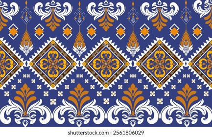 showcases a symmetrical pattern combining geometric shapes and floral motifs in blue, white, and gold. The intricate detailing and repetitive structure create a sophisticated and elegant aesthetic.