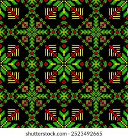 Exhibe un patrón geométrico vibrante compuesto de pixel art en un diseño simétrico. El motivo presenta colores verdes brillantes, rojos, amarillos y negros, que se asemejan a los bordados tradicionales o de inspiración popular