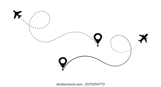 Showcasing an airplanes flight path with dashed lines and location markers. Airplane flight route with start point and dash line.