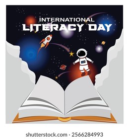 Showcasing an astronaut emerging from a book, symbolizing the boundless possibilities of literacy and education. Flat vector modern illustration 