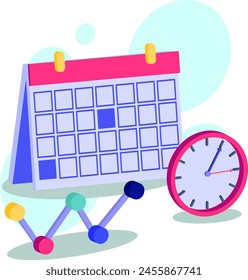 Präsentation eines Kalenders und einer Uhr neben einer Trendlinie, die ein effizientes Zeitmanagement und eine effiziente Produktivitätsplanung darstellt. Kalender und Uhr. Vektorillustration.