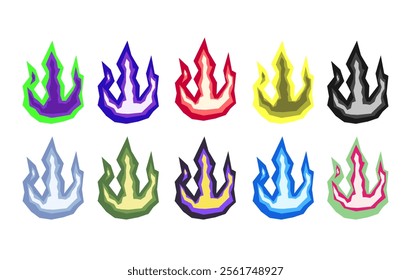 Showcasing a collection of flame-inspired icons with a bold and jagged trident-like design. Each symbol features a unique blend of vibrant gradient colors, including purple, red, blue, green, and yell