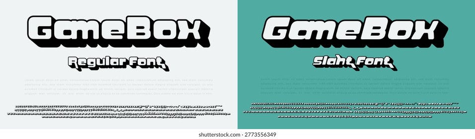 Showcasing the 'gamebox' font in two styles, with pixelated lettering reminiscent of retro video games