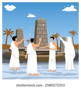 Showcasing a group performing a traditional cultural or religious ritual at a serene architectural surrounded by nature. Flat vector modern illustration 