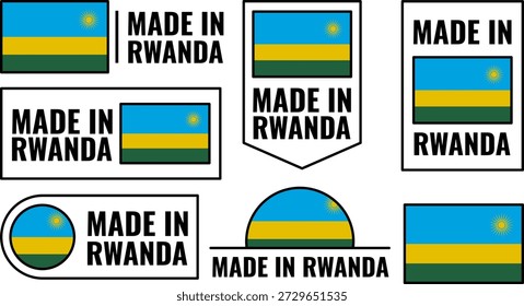 Showcasing made in Rwanda icons set featuring product emblems and national flag representation