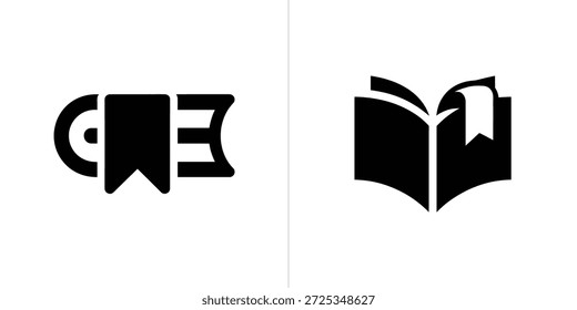 Muestra iconos negros simples de un libro con marcador y un rollo de papel higiénico con pestaña en blanco, perfecto para un diseño limpio y moderno con símbolos claros.