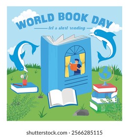 Showcasing World Book Day with books, nature, a globe, and a reader surrounded by elements of learning and curiosity. Flat vector modern illustration 