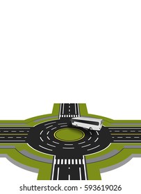 Showed a bus at the crossroads with a circular motion with the marking. A perspective view. Vector illustration