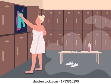 Ilustración vectorial de color plano después del entrenamiento. Joven en un personaje de dibujos animados toalla 2D con vestuario de gimnasia de fondo. Deportista cambiando de ropa. Protección de las pertenencias personales