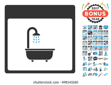 Shower Bath Calendar Page icon with bonus calendar and time management images. Vector illustration style is flat iconic symbols, blue and gray colors, white background.