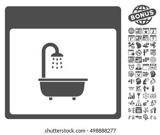 Shower Bath Calendar Page icon with bonus calendar and time management symbols. Vector illustration style is flat iconic symbols, gray, white background.