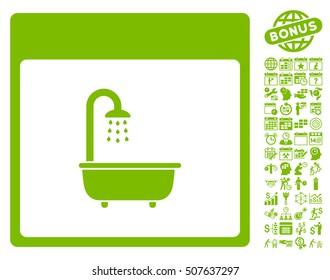 Shower Bath Calendar Page icon with bonus calendar and time management images. Vector illustration style is flat iconic symbols, eco green, white background.