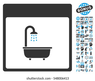 Shower Bath Calendar Page icon with bonus calendar and time management design elements. Vector illustration style is flat iconic symbols, blue and gray, white background.