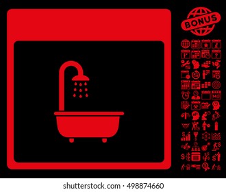 Shower Bath Calendar Page pictograph with bonus calendar and time management pictograph collection. Vector illustration style is flat iconic symbols, red, black background.