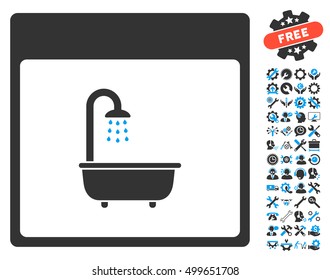 Shower Bath Calendar Page pictograph with bonus tools symbols. Vector illustration style is flat iconic symbols, blue and gray, white background.