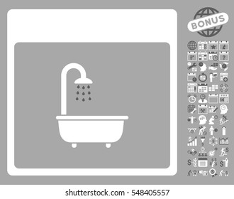 Shower Bath Calendar Page pictograph with bonus calendar and time management symbols. Vector illustration style is flat iconic symbols, dark gray and white, silver background.