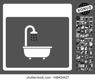 Shower Bath Calendar Page pictograph with bonus calendar and time management pictograph collection. Vector illustration style is flat iconic symbols, black and white, gray background.
