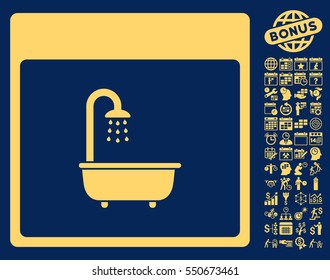 Shower Bath Calendar Page pictograph with bonus calendar and time management clip art. Vector illustration style is flat iconic symbols, yellow, blue background.