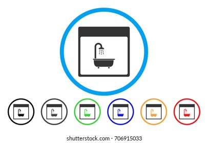 Shower Bath Calendar Page vector rounded icon. Image style is a flat gray icon symbol inside a blue circle. Bonus color versions are gray, black, blue, green, red, orange.