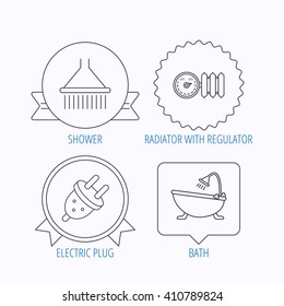 Shower, bath and electric plug icons. Radiator with regulator linear sign. Award medal, star label and speech bubble designs. Vector