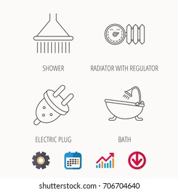 Shower, bath and electric plug icons. Radiator with regulator linear sign. Calendar, Graph chart and Cogwheel signs. Download colored web icon. Vector