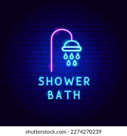 Shower Bath Neon Label. Vector Illustration of Washing Procedure. Clean and Wash. Glowing Led Lamp Promotion.